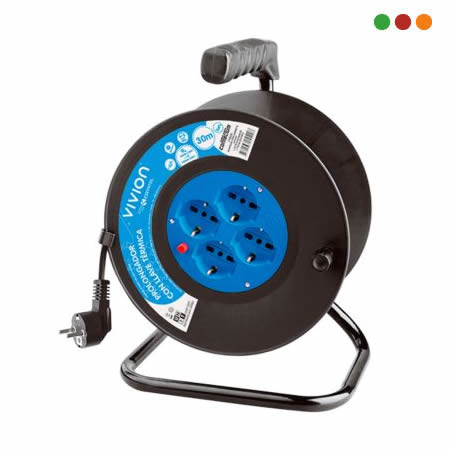 Cable alargador con carrete de 30 metros VIVION con 4 enchufes, interruptor y enchufe Schuko